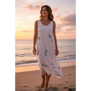 Wind River Maxi Dress White Floral Sleeveless Scoop Neck M Coastal Cottagecore